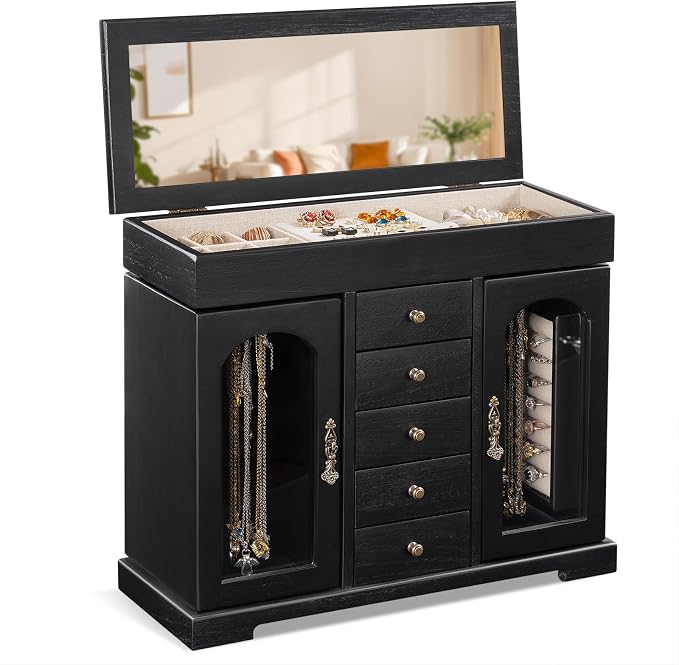 Miratino Jewelry Box for Women Girls, Wooden Jewelry Organizer Box with Mirror, 5 Layer Jewelry Storage Case Display for Necklaces Earrings Rings Bracelets Valentine's Day Gifts by Sayhellotogoodlife
