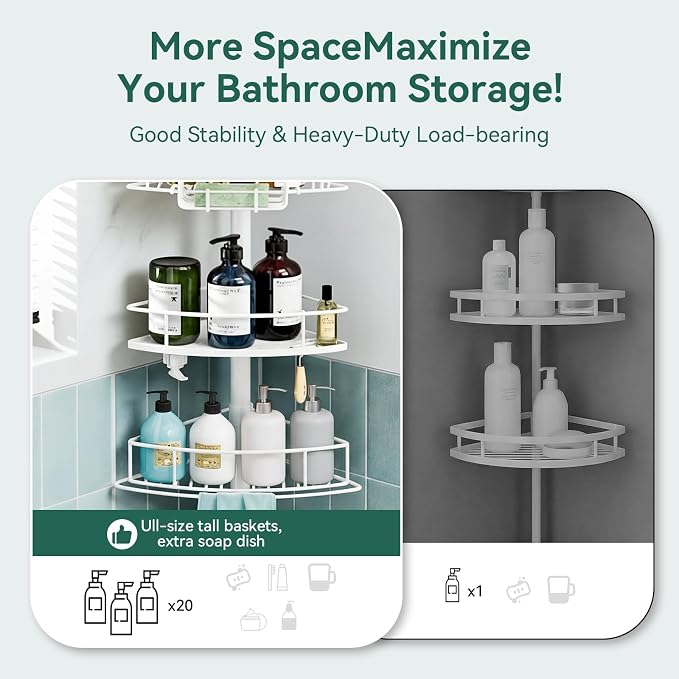 Corner Shower Caddy Tension Pole, 4 Tier Rustproof Shower Tension Rod Organizer, Adjustable 25-125 Inch Bathroom Shower Organizer Shelves for Bathtub Shampoo Storage, White - Image 4
