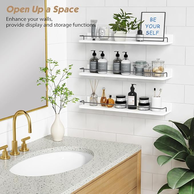 Forbena Floating Shelves for Wall 24 Inches Long, Modern White Wall Shelving Unit for Bedroom, Wood Hanging Shelf for Kitchen Bathroom Living Room Office Organizers and Storage (White and Grey) - Image 4