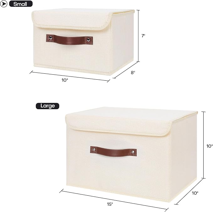 ANMINY Storage Bin with Lid Storage Boxes with PU Leather Handles PP Plastic Board Decorative Foldable Lidded Cotton Linen Fabric Home Cubes Baskets Closet Organizer Container - Beige, Small Size - Image 5