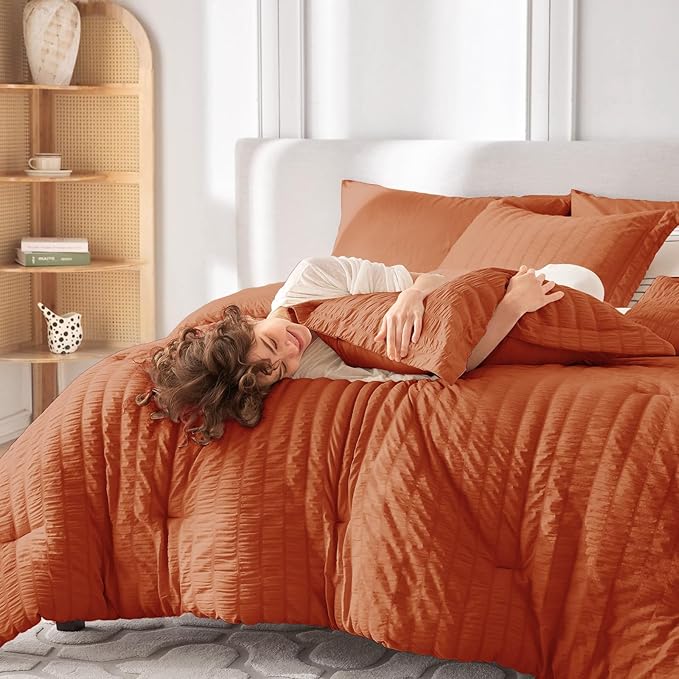 MUXHOMO 5 Pieces Twin XL Comforter Set, Seersucker Bed in a Bag Twin XL Size, All Season Luxury Bedding Set with Comforter, Flat Sheet, Fitted Sheet, Pillowcase & Sham, Burnt Orange