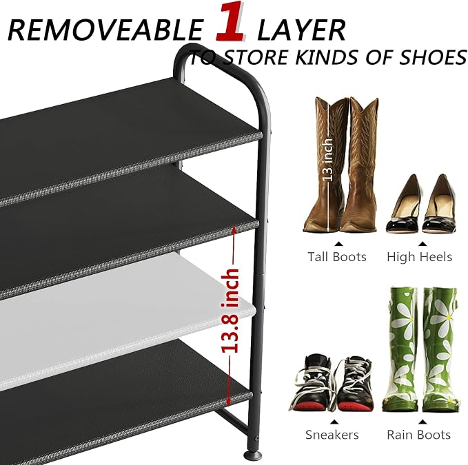 INGIORDAR Shoe Rack 4 Tier Long Storage Organizer Wide Metal Shoe Shelf for Closet Entryway Black - Image 5