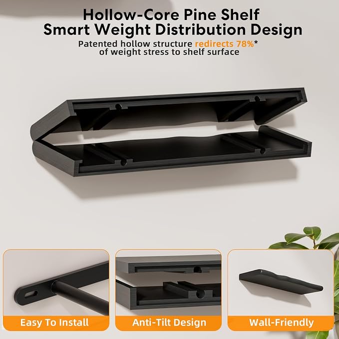 Floating Shelves for Wall Rustic Farmhouse 24 Inch Floating Shelf Bathroom Wooden Shelves for Wall Mounted Live Edge Pine Shelf with Unique Natural Grain for Living Room Bedroom Kitchen (Black) - Image 7