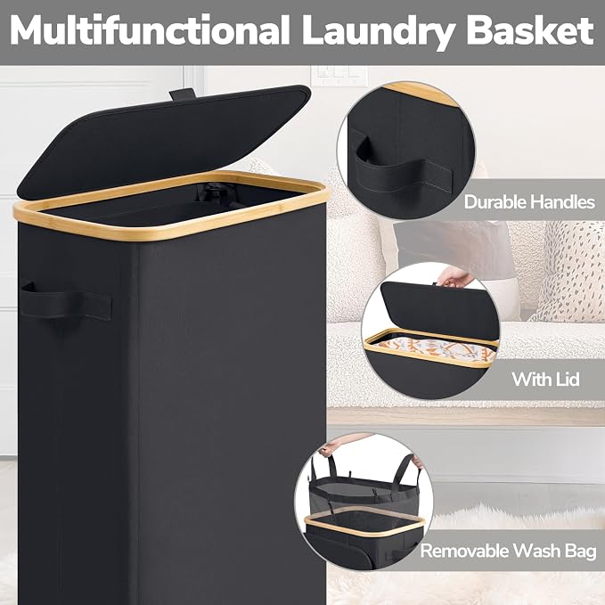 Goodpick Slim Laundry Basket with Wheels and Lid, 75L Rolling Laundry Hamper for Dorm Home Decor, Large Clothes Hamper with Bamboo Frame Removable Bag, Black, 17" x 9.8" x 29.5" - Image 5
