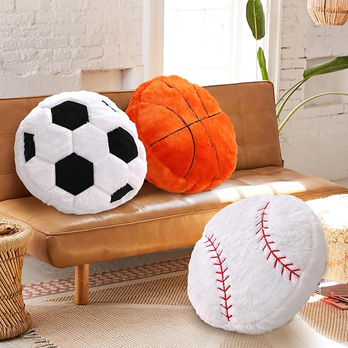 Baseball Pillow, Soft Fluffy Baseball Plush Pillow Round Stuffed Sports Throw Pillows, Baseball Shaped Decorative Throw Pillow for Sofa, Bedroom, Sports Room, Home Decor Gifts 15.7"