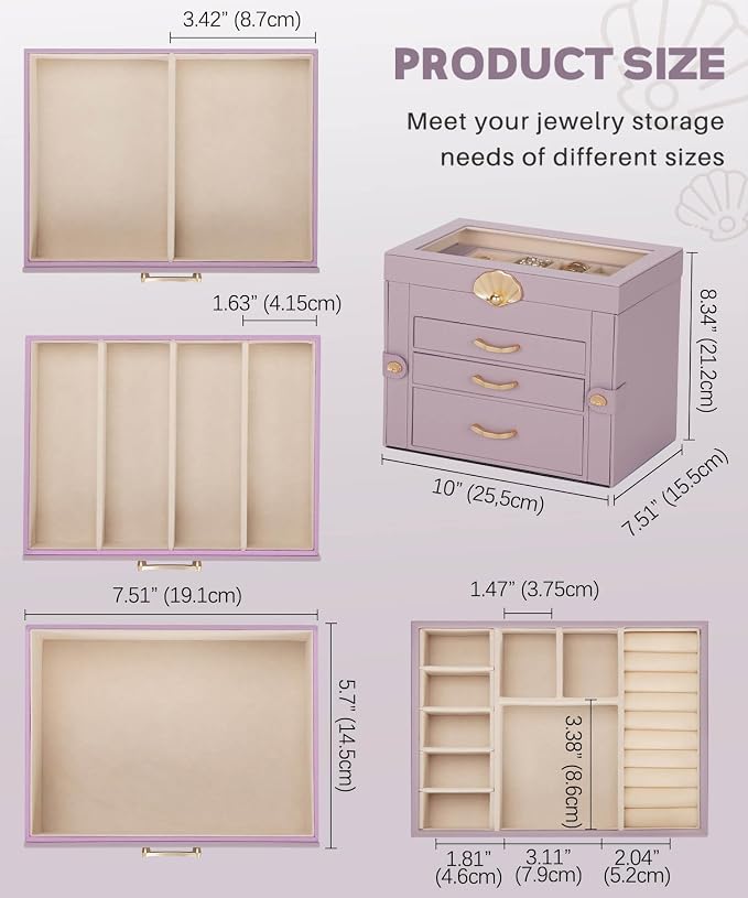 Enthralite Jewelry Box with 3 Drawers: Display Organizer for Earrings Necklaces - Gifts for Girls Women (Grey Purple) - Image 3