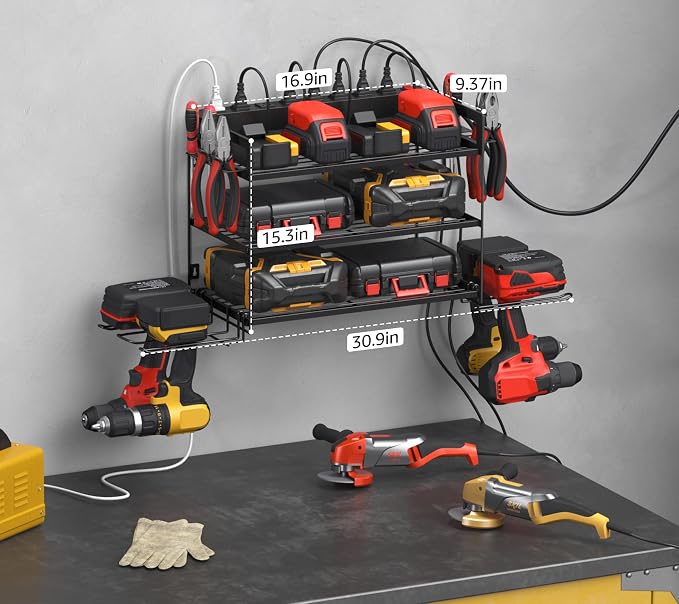 CCCEI Garage Tools Storage with Charging Station. Power Tool Battery Organizer Utility Shelf with Power Strip. 4 Drills Holder Wall Mount Rack, Black 3 Layer. - Image 6