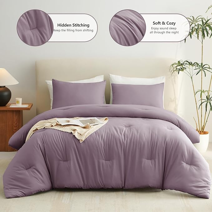 CozyLux California King Comforter Set Dusty Purple, 3 Pieces Cal King Solid Breathable Bedding Sets, Grayish Purple Luxury Soft Lightweight Bed Set with Down Alternative Comforter and 2 Pillowcases