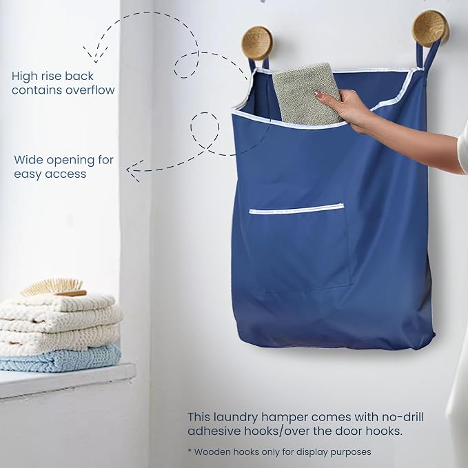 Fine Living Large Hanging Laundry Hamper with Over Door Hooks & Adhesive, Durable Space Saving Laundry Bag with Zipper and Wide Open Top, Hanging Dorm Laundry Hamper 18"x4.75"x28" (Navy Blue-L) - Image 4