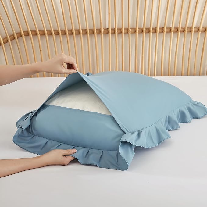 JANZAA Twin Comforter Set Mineral Blue Ruffle Comforter with 1 Pillowcase Soft Twin Size Bed Set Vintage Farmhouse Bed Comforter Set Fluffy Shabby Chic Bedding for All Season