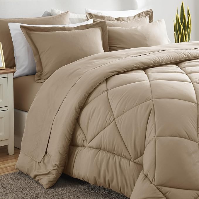 CozyLux Full Size Comforter Sets Taupe - 7 Pieces Bed in a Bag Full, Luxury Soft Bed Set for All Seasons, Bedding Set with Down Alternative Comforter, Sheets, Pillowcases & Shams
