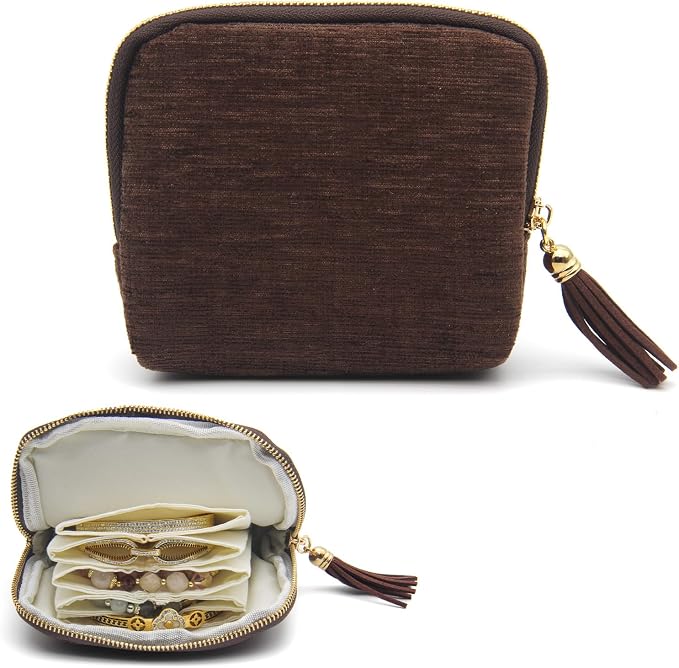 Small Travel Jewelry Case, Mini Jewelry Box, Purse Organizer Pouches for Travel and Everyday Jewelry Organizer Storage (Coffee Brown) by Unknown