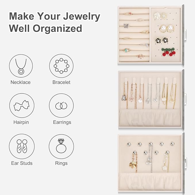 DesignSter Jewelry Box Organizer, Jewelry Box for Women, PU Jewelry Organizer Display Case with Side Drawers, Jewelry Storage for Earring Necklace Ring Bracelet Watch - Image 2