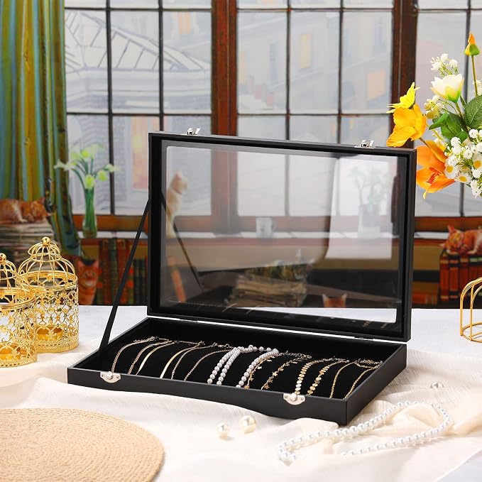 Kenning 2 Pieces Glass Lid Necklace Organizer Box 20 Hooks Necklace Tray Jewelry Holder Organizer Velvet Necklaces Holder Storage Display Case for Show Bracelet - Image 4