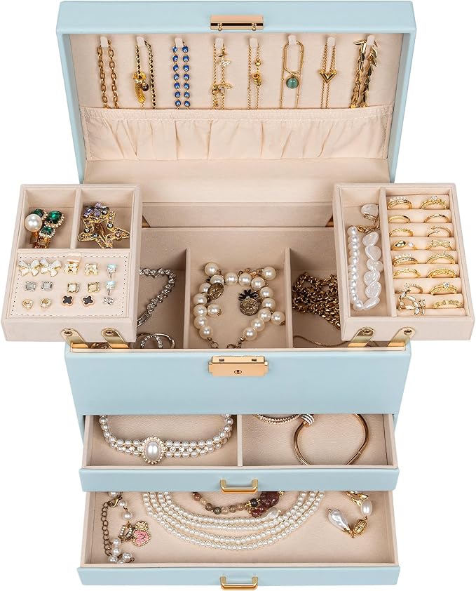 AKOZLIN Travel Jewelry Box Organizer Functional 2-trays Leather Jewelry Storage Case with Lockable Portable 2 Drawers for Women Girls Ring Necklace Earring Bracelet - Image 2