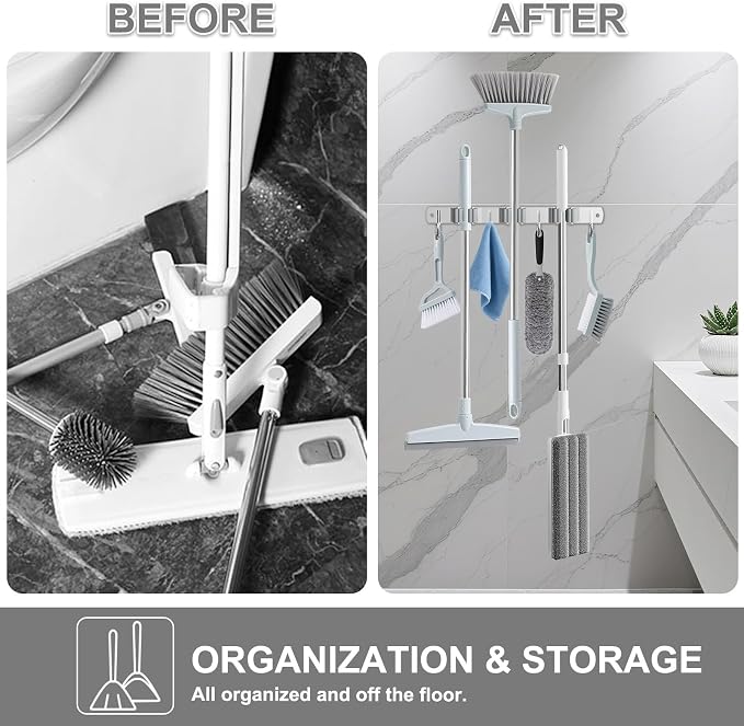 HANZENMA Broom Holder Wall Mount, Broom Organizer Wall Mount Stainless Steel Broom and Mop Hanger Heavy Duty Storage Organization for Home Kitchen Garden Garage Room 3 Racks 4 Hooks Grey - Image 3