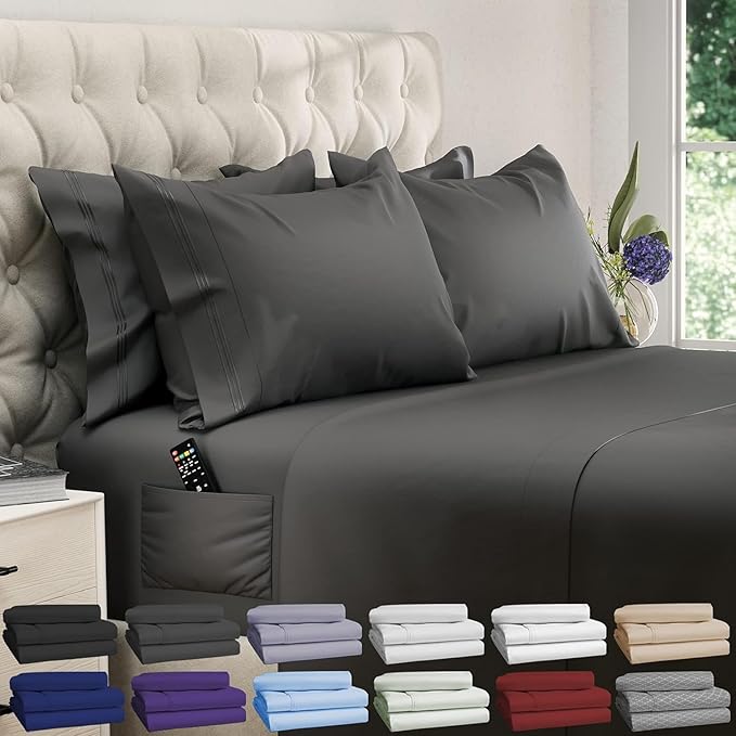 DREAMCARE California King Sheet Sets - 6 pcs Breathable Cooling Bed Sheets - up to 21" Extra Deep Cal King Sheets with Side Pockets - Extra Soft 100% Brushed Hypoallergenic Hotel Luxury Bedding - Gray
