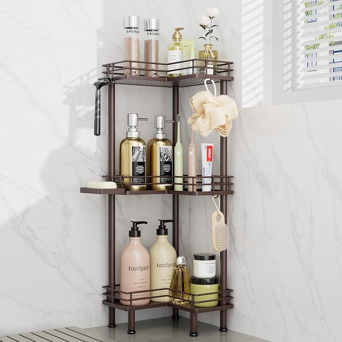 Consumest Corner Shower Caddy Standing - 3-Tier Stainless Steel Shower Organizer with Soap Holder and 4 Hooks, Large Capacity Corner Shelf Stand for Bathroom, Rest Room, Bronze by Consumest