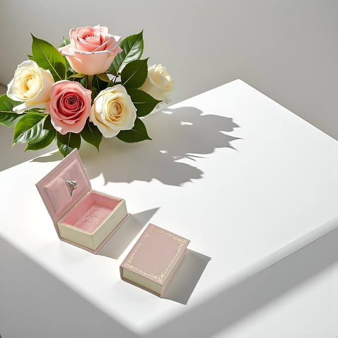 Book Shaped Ring Box - Vintage Engagement Ring Box with Hinged Lid for Proposal Engagement Wedding, Proposal Ring Case -PRB012-Pink - Image 7