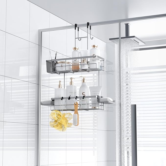 Aitatty Hanging Shower Caddy Over Door: Silver Rustproof Shower Organizer over the Door - No Drilling Bathroom Rack for Inside Shower - Image 6