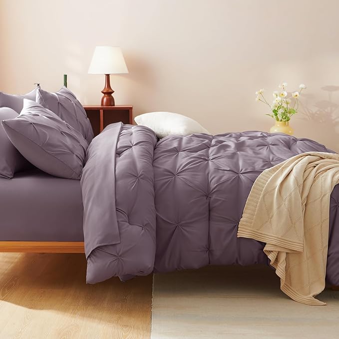 CozyLux Full Size Comforter Sets Grayish Purple, 7 Pieces Bed in A Bag Purple Comforter Full Size, Pinch Pleat Bedding Sets with All Season Comforter, Sheets, Pillowcases & Shams