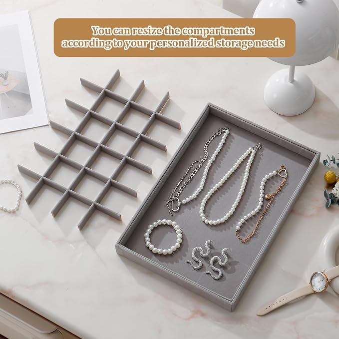 Large Velvet Jewelry Tray 2 Pack Stackable Jewelry Display Drawer Inserts Trays Organizer for Earring Bracelet Necklace Ring (Gray, 24 Grids) - Image 5