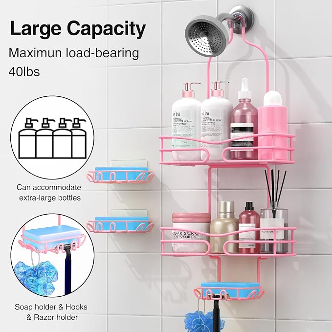 DAOYA Over the Shower Head Caddy Pink - Shower Caddy Hanging with 3 Soap Holders, Stainless Steel Bathroom Organizer and Storage, Rustproof - Image 2