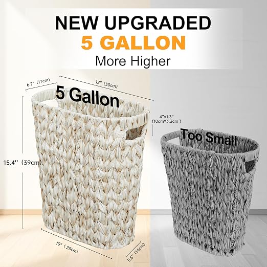 Coeusy Wicker Trash Can,Bathroom Trash Can,Waterproof Wicker Waste Basket for Bathroom,Narrow Small Waste Basket for Bedroom,Office, Cream White 5 Gallon - Image 2