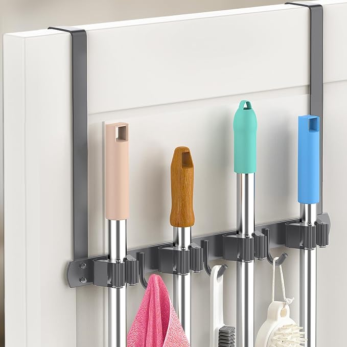 Broom Holder Over The Door-304 Stainless Steel Mop and Broom Holder Wall Mounted or Hanging Over The Door with Hooks - Broom Hanger, Tool Organizer for Garage Closet Laundry Kitchen-Space grey by PrimZootyDesign