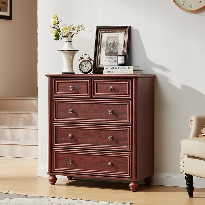 RWYHG Farmhouse 5 Drawer Dresser for Bedroom, 35.5" Tall Small Dressers & Chest of Drawers, Rustic Wood Dresser with Roman Column, Storage Organizer for Living Room, Hallway, Closet (Red Oak)