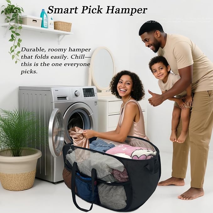 Upgraded Cationic XL Collapsible Laundry Baskets, 100L Extra Large Mesh Pop Up Hamper with Handles and bag, Portable Stair Basket, Dirty Clothes Hamper for Cruise Travel Bedroom. Black - Image 4