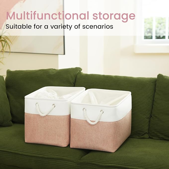 Large Storage Baskets- 16x12x12 inch Storage Bins for Shelves and Closet Organizing, Foldable Fabric Bin for Home Organization Clothes and Laundry (3-Pack, White&Pink) - Image 6