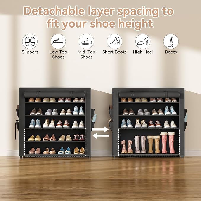 LANTEFUL Shoe Rack with Covers 5 Tier Tall Shoe Rack Organizer Large Capacity Shoe Shelf Storage 20-24 Pairs Space Saving Free Standing Shoe Storage Organizer for Closet, Entryway, Dorm, Black - Image 6