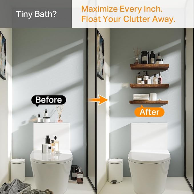 BAYKA Bathroom Floating Shelves for Wall Set of 3 - Rustic Brown Farmhouse Wood Shelves Over Toilet for Bedroom, Kitchen, or Living Room Decor Display, Storage for Plants, Toilet Paper or Bath Towels - Image 6
