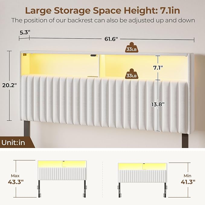 Rolanstar Headboard for Queen Size Bed with Storage, 60,000 DIY Color of LED Light, Head Board with USB & Type C Port, Height Adjustable, Velvet Upholstered, Comfortable Modern, Light White