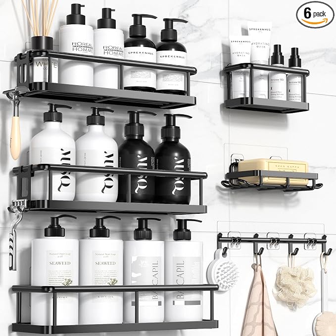 YASONIC Shower Caddy 6 Pack Rustproof Shower Organizer, Large Capacity Shower Shelves for Inside Shower, Bathroom Organizers and Storage with Soap Holder and 12 Hooks, Adhesive Shower Storage by YASONIC