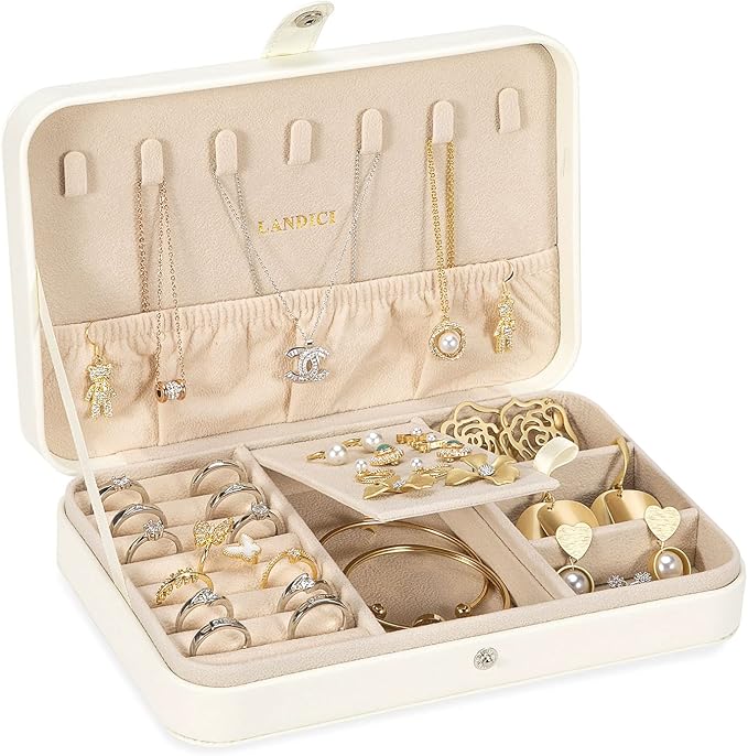 LANDICI Small Jewelry Box for Women Girls, PU Leather Travel Jewelry Case, Portable Jewelry Organizer Storage Holder Display for Ring Earrings Necklace Bracelet Bangle Men Kids Gift, White by LANDICI
