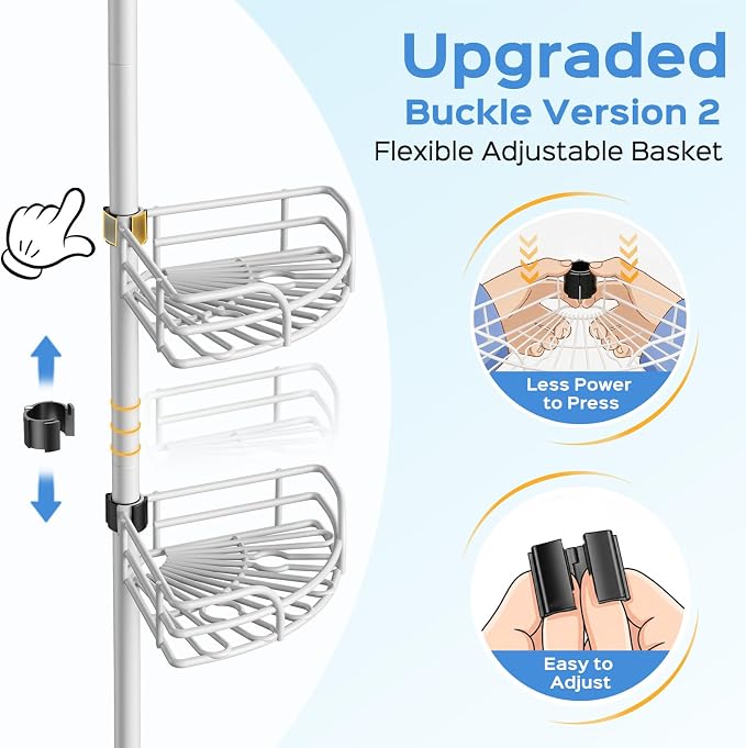 HAMITOR Shower Caddy Corner Tension Pole: 4-Tier Large Capacity Bathroom Organizer Shelf with Towel Bar - Rustproof No-Drill Adjustable 47-123 inch Storage for Renters, Home Bathtub Stand Rack, White - Image 6
