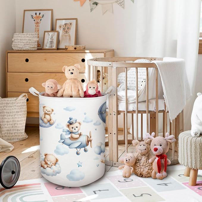 Baby Nursery Laundry Basket, Toybox for Boys Girls Room, Cute Blue Bear Laundry Basket Hamper Waterproof Collapsible Clothes Toys Storage Bin Organizer for Kids Room Playroom Bedroom Bathroom - Image 2