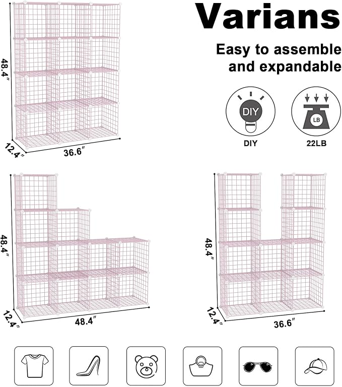 C&AHOME Wire Cube Storage, 12 - Cube Organizer Metal C Grids, Modular Shelves Units, Closet Organizer, Ideal for Home, Office, Living Room, 36.6”L x 12.4”W 48.4”H, Pink UWCS3012P - Image 3
