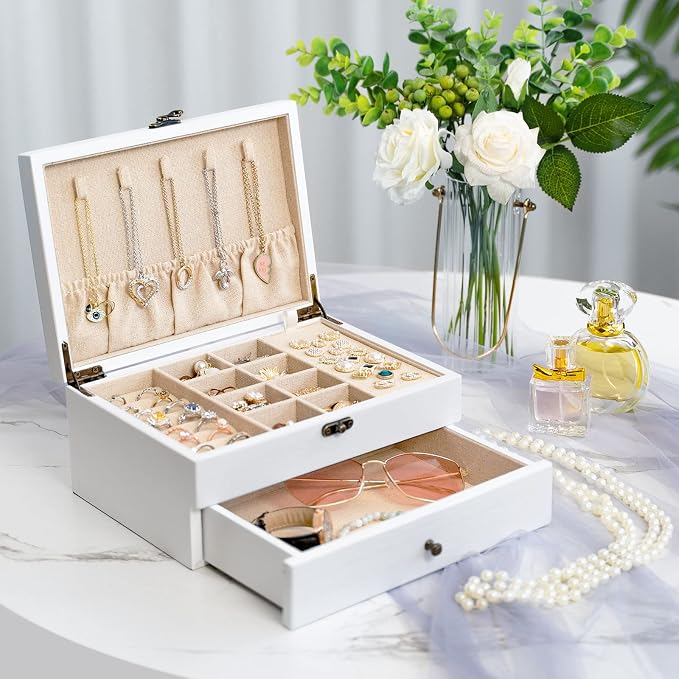 Pinzoveco Jewelry Box for Women, Rustic Wooden Jewelry Organizer Box for Storage Earrings Rings Necklace Bracelet, Farmhouse Style Wood Jewelry Boxes & Organizers (White) - Image 2