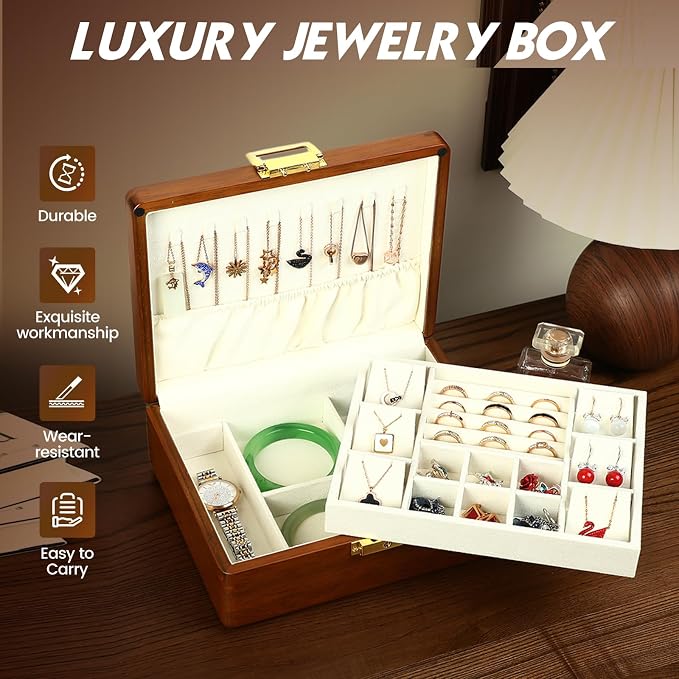 Solid Walnut Wood Jewelry Box with Lock, 2 Layer Velvet Jewelry Organizer Storage for Earrings Rings Necklaces Bracelets Cufflink, Gift Idea for Men Women, Beige - Image 5