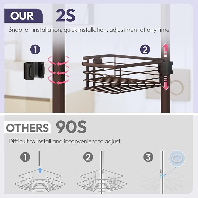 SWTYMIKI Shower Caddy Tension Pole - 4-Tier Corner Shower Organizer Tension Rod with Soap Holder, Toothbrush Holder & 4 Hooks, Adjustable Stainless Steel Bathroom Organizer 27.6 to 108.3 inch, Bronze - Image 3