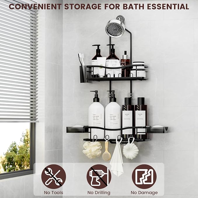 REINHARDT Shower Caddy Hanging, Rustproof Shower Caddy Anti-Swing Shower Organizer Over Showerhead No Drilling Shower Racks with Soap Holder Multi Hooks Bathroom Storage for Shampoo Sponge, Black - Image 2