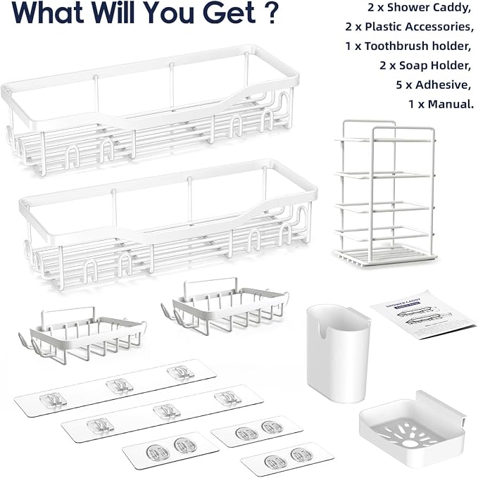 NESOMI Shower Caddy Adhesive Shower Organizer 7-Pack, Rustproof Stainless Steel Bathroom Shelves, Large Capacity No-Drill Rack Storage Accessories with Soap Dish Toothbrush Holder Hooks - Image 7