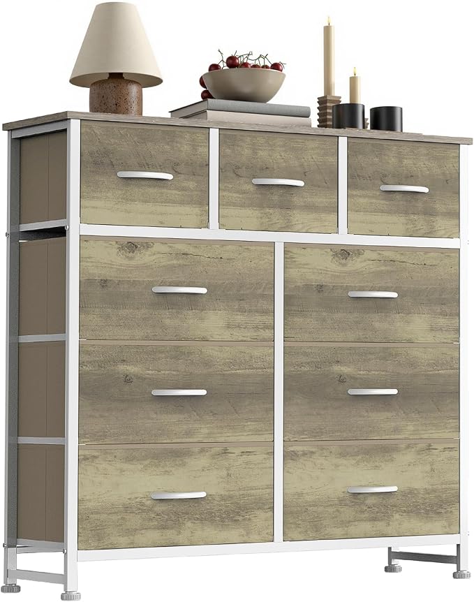 Sweetcrispy 9 Drawer Fabric Dresser Storage Tower with Wood Top and Steel Frame, Organizer Chest with Easy Pull Handles for Bedroom, Closet, Hallway,Oak Greige by Sweetcrispy