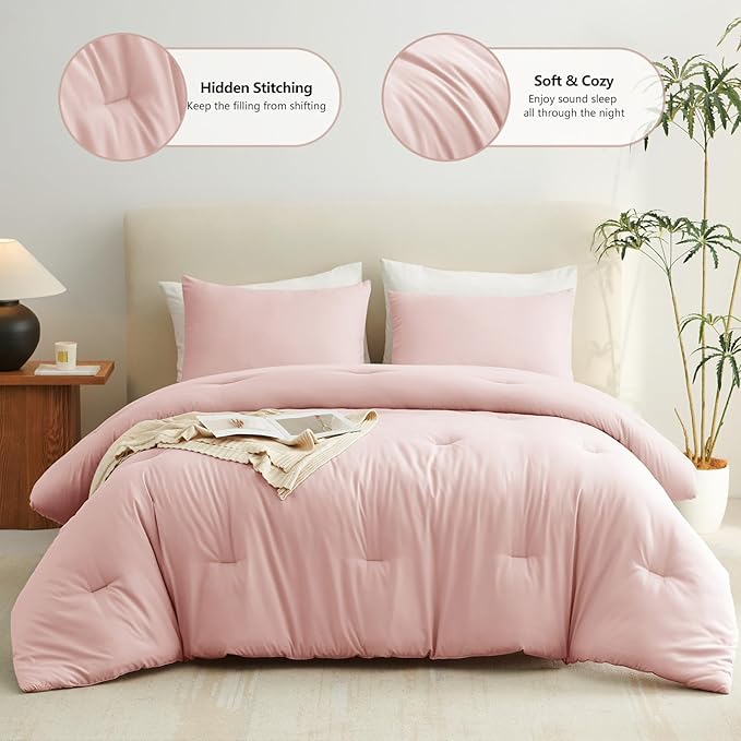 CozyLux Oversized Queen Comforter Set Blush Pink, 3 Pieces 98x98 Solid Breathable Quilted Bedding Sets All Season, Luxury Soft Lightweight Bed Set with Down Alternative Comforter and 2 Pillowcases