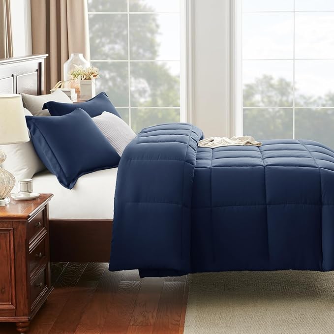 CozyLux Full Size Comforter Sets - Navy Blue Comforter Full Size, 3 Pieces Box Stitched Bed Set for All Seasons, Soft Lightweight Bedding Sets with 1 Down Alternative Comforter and 2 Pillow Shams