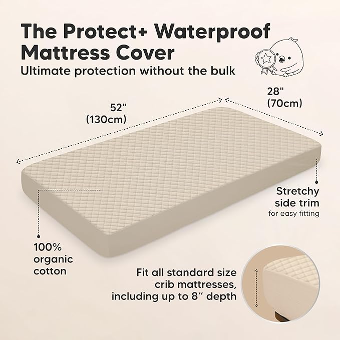 2-Pack Waterproof Crib Mattress Protector Cover Fitted - Quiet Baby Crib Mattress Pad Sheets, 52" x 28" Soft Quilted Cotton Baby Sheet, Machine Washable, Easy Fit, Durable (Ecru/Quin)