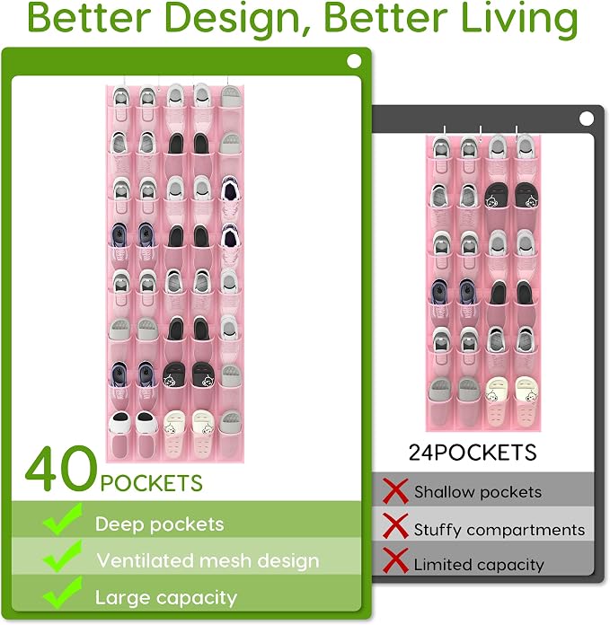 Unjumbly Over the Door Shoe Organizer with 40 Large Breathable Mesh Pockets, Space Saving Shoe Holder, Hanging Shoe Rack for Entryway Bedroom Closet Storage (Pink, 40 Pockets) - Image 5